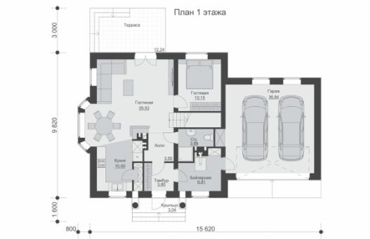 Проект одноэтажного жилого дома с мансардой, террасой и гаражом
